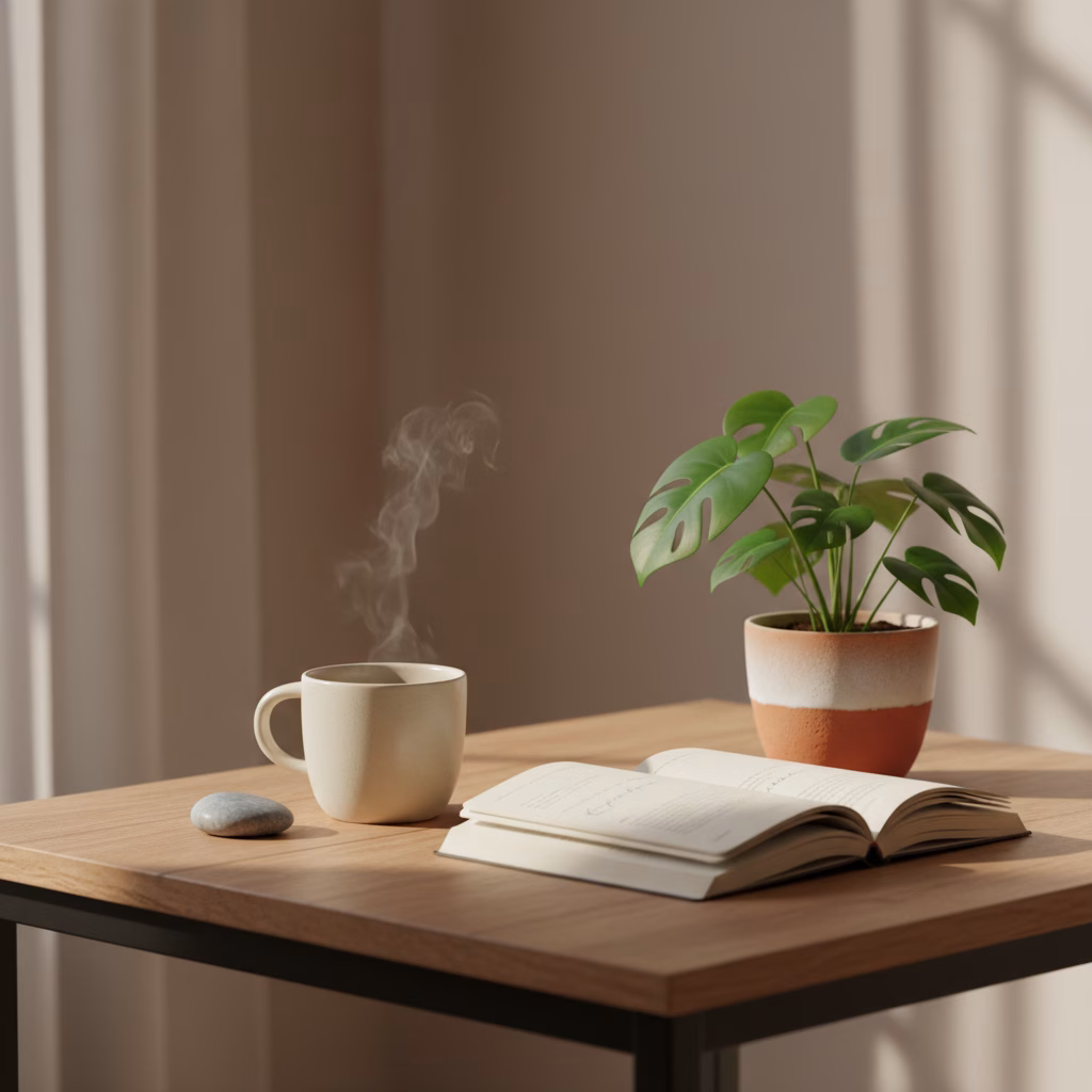 A symbolic, non-literal image representing healing from burnout: a calm, softly lit scene with warm tones, perhaps a cup of tea, an open journal, and a small plant on a simple wooden surface. The feeling is exhale, nervous system regulation, rest, and gentle recovery—no people, no screens, no clutter. Modern, minimal, and in a style that pairs well with the existing About image on the page.