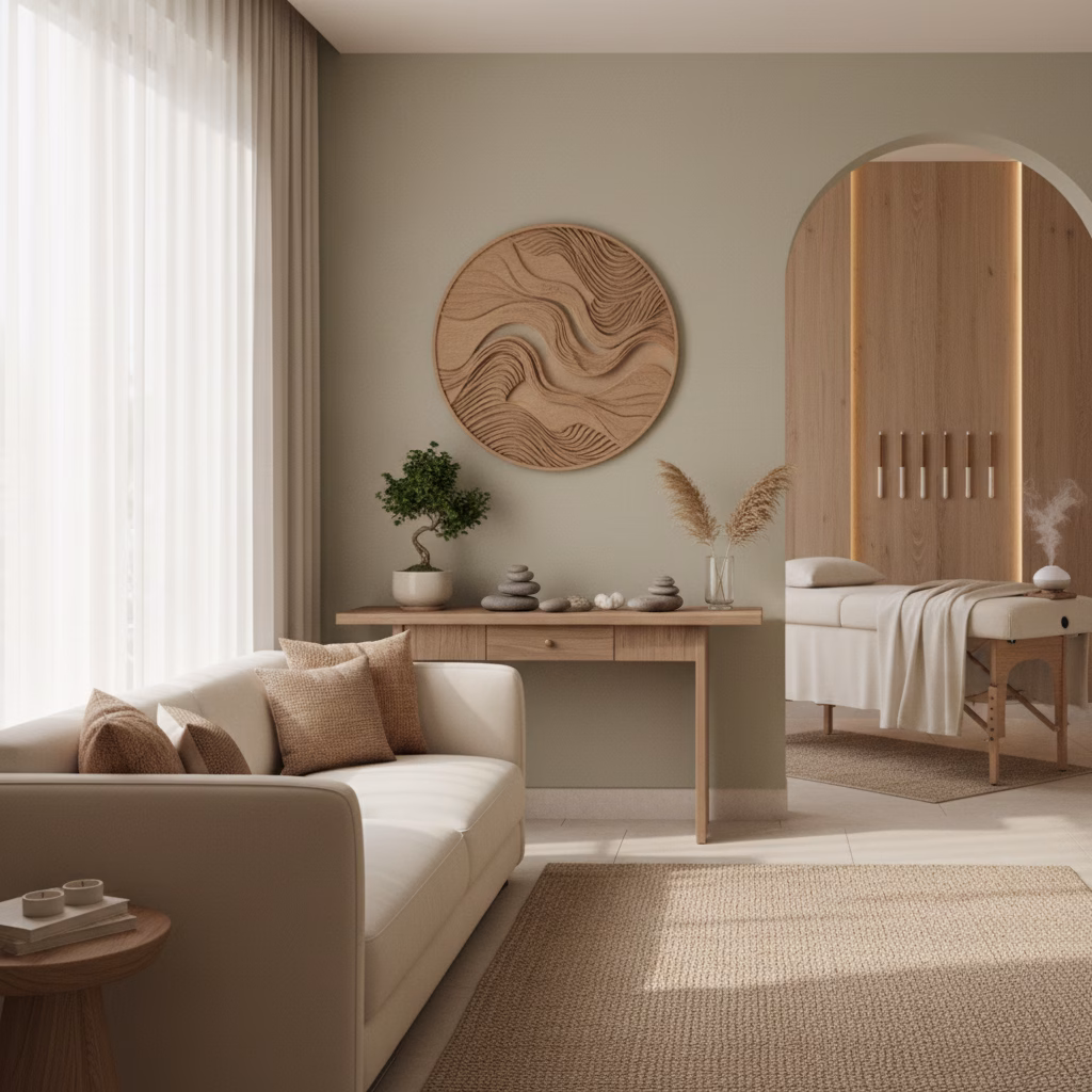 A calming, sophisticated image for a wellness and acupuncture brand, featuring a serene modern interior with warm neutral tones, soft natural light, subtle Asian-inspired details, and a sense of relaxation and nervous system restoration. No text.